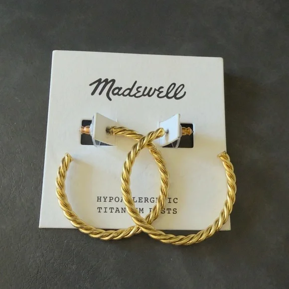 Madewell Puffed Rope Large Hoop Earrings Twisted Gold NWT - Picture 2 of 4
